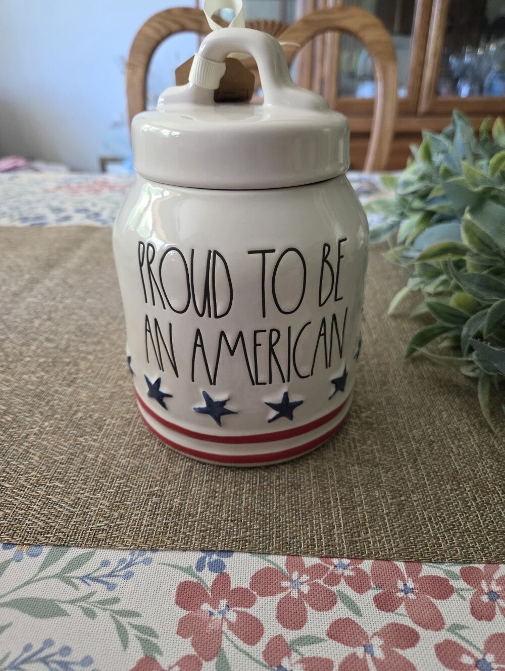 Rae Dunn White Ceramic "Proud to Be An American" Jar with Red and Blue Accents